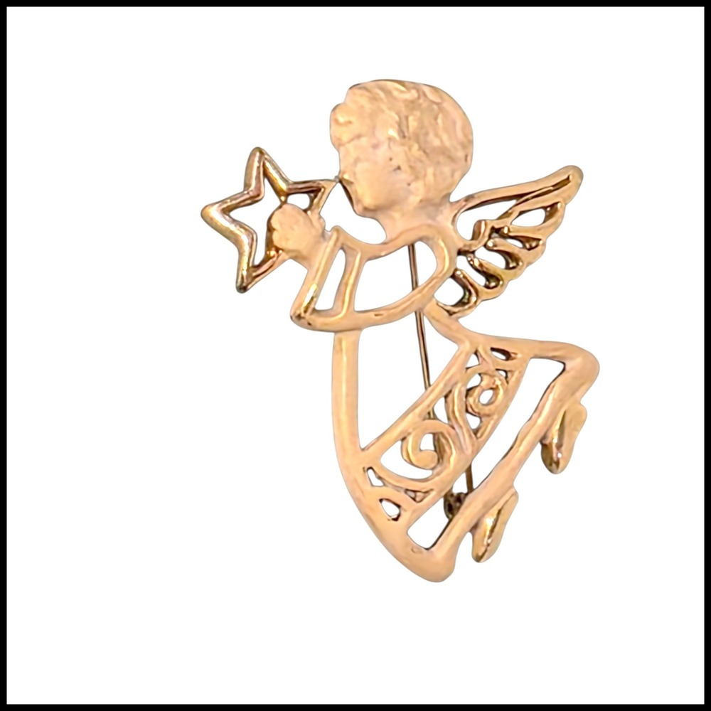 Vintage Gold Tone Angel Holding Star Brooch Pin Celestial Cherub Jewelry